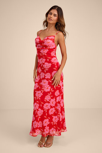Vesta Red Floral Cowl Neck Maxi Dress 1