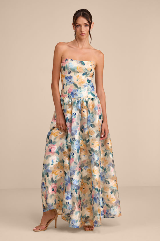 Mikayla Beige Multi Floral Jacquard Maxi Dress 1