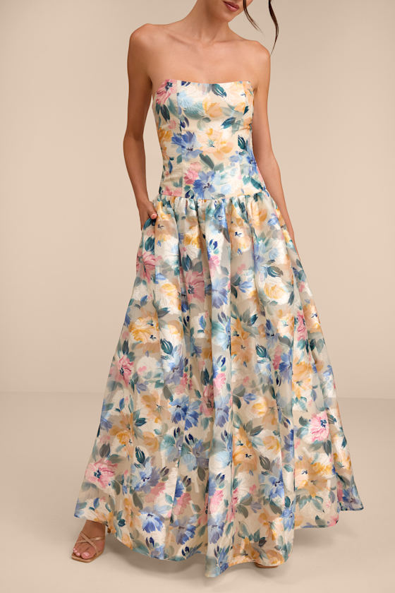 Mikayla Beige Multi Floral Jacquard Maxi Dress 2