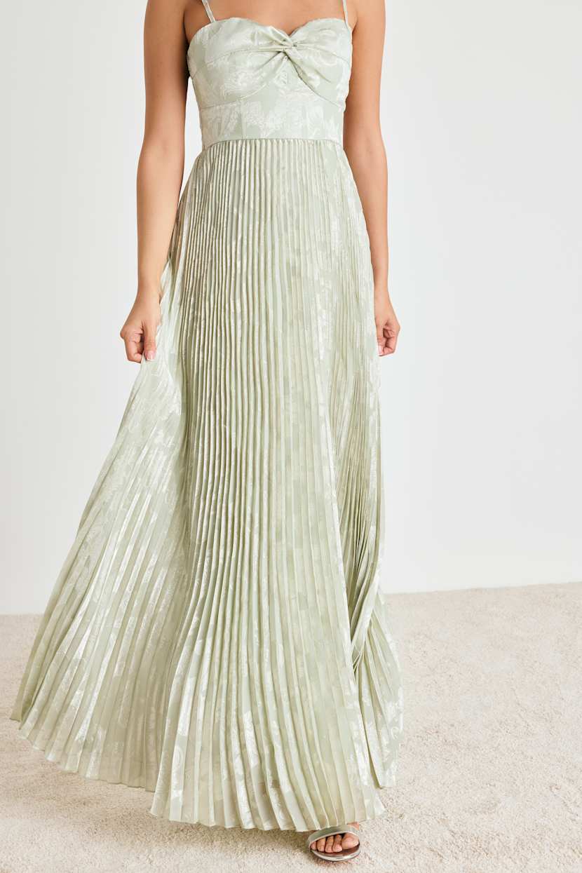 regal romance sage floral jacquard pleated satin midi dress Regal Romance Sage Floral Jacquard Pleated Satin Midi Dress