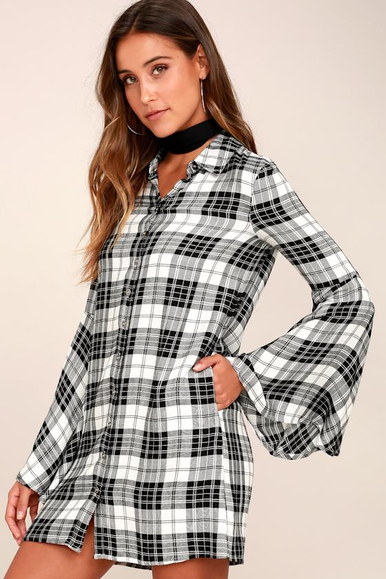 black and white plaid shirt dress