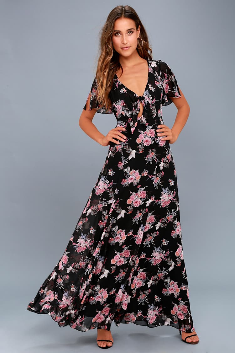 lulus black floral maxi dress Elegant Mood Black 3D Floral Applique Strapless Maxi Dress
