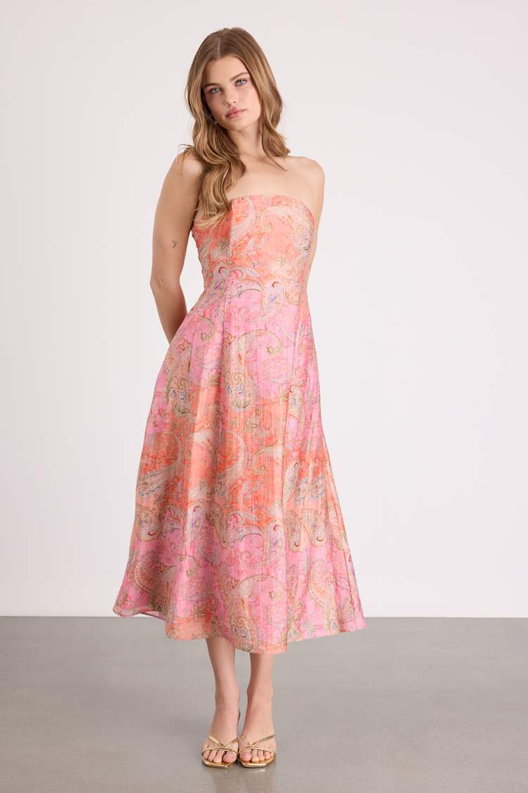 Pink Multi Boho Dress - Strapless Midi Dress - Lace-Up Dress - Lulus