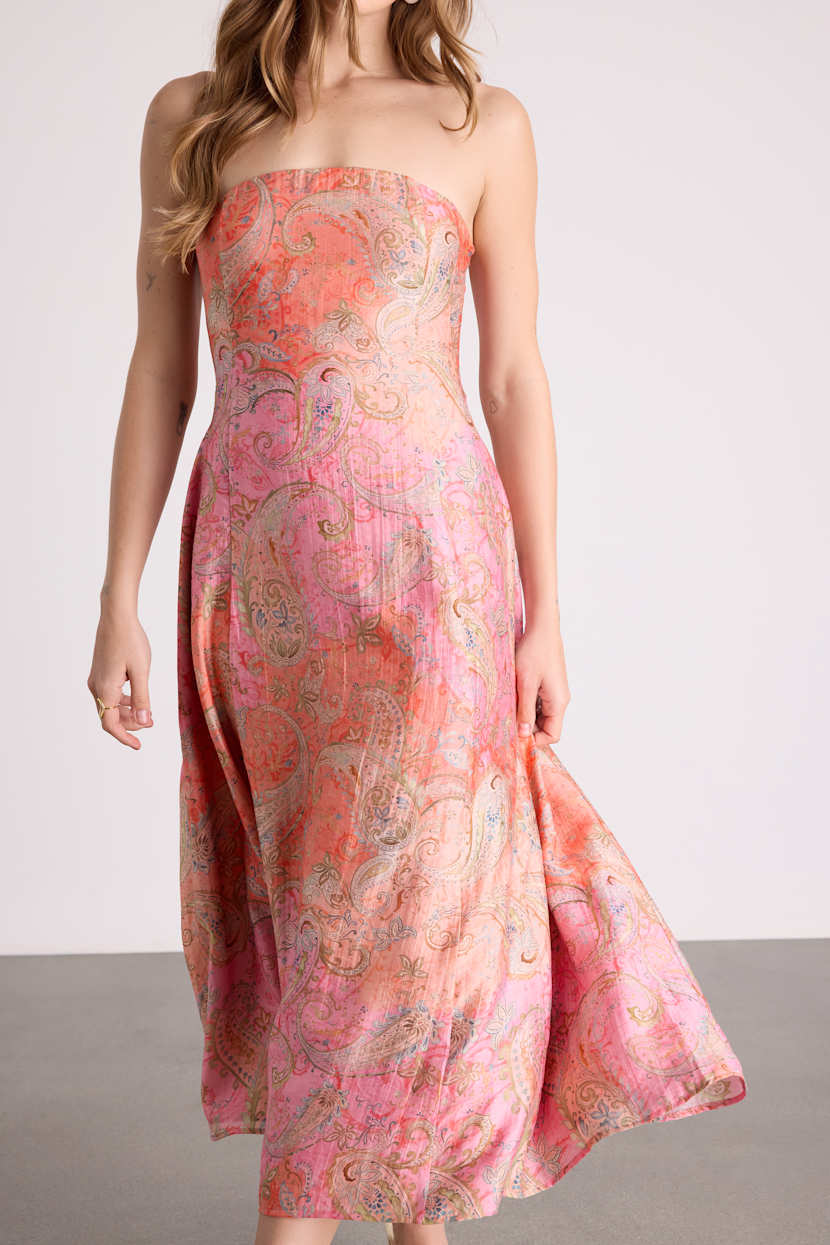 Pink Multi Boho Dress - Strapless Midi Dress - Lace-Up Dress - Lulus