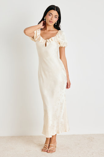 Farina Cream Floral Jacquard Puff Sleeve Maxi Dress 1