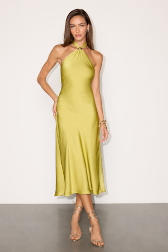 Lorissa Chartreuse Satin Halter Midi Dress 1