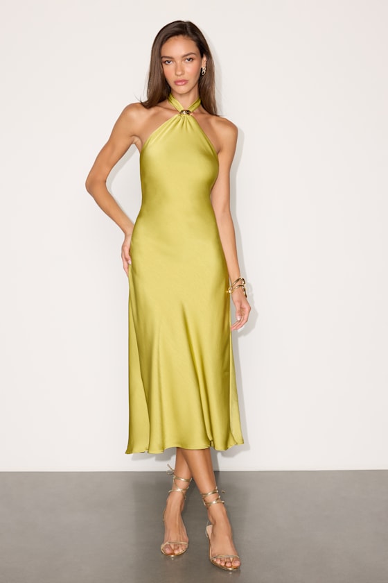 Lorissa Chartreuse Satin Halter Midi Dress 1