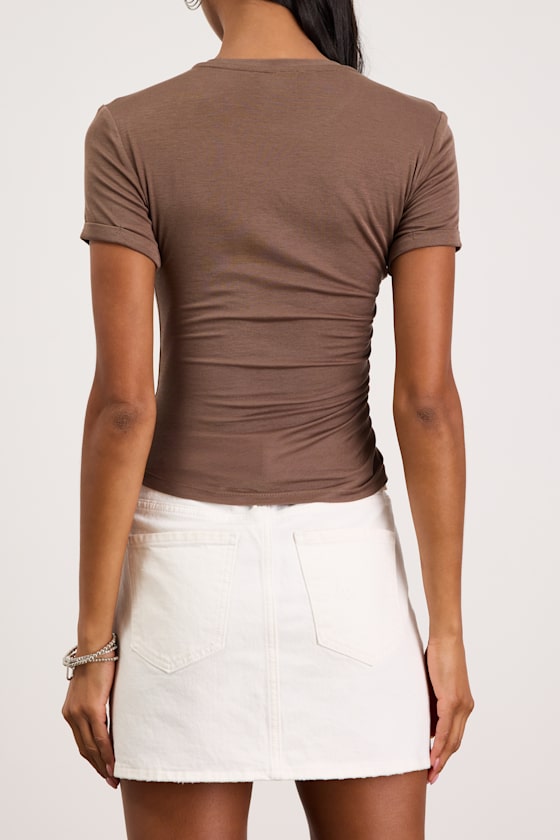 Saige Brown Jersey Knit Short Sleeve Tee - thumbnail 3