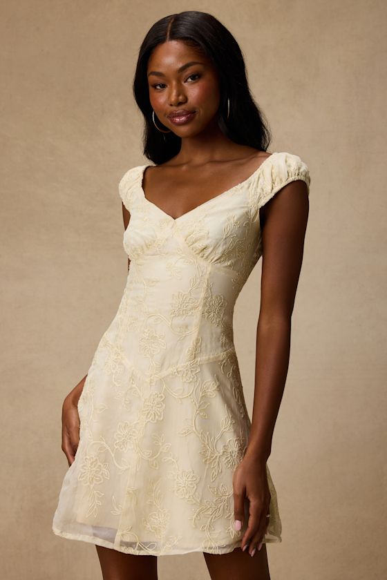 Aura Pale Yellow Embroidered Mini Dress 1