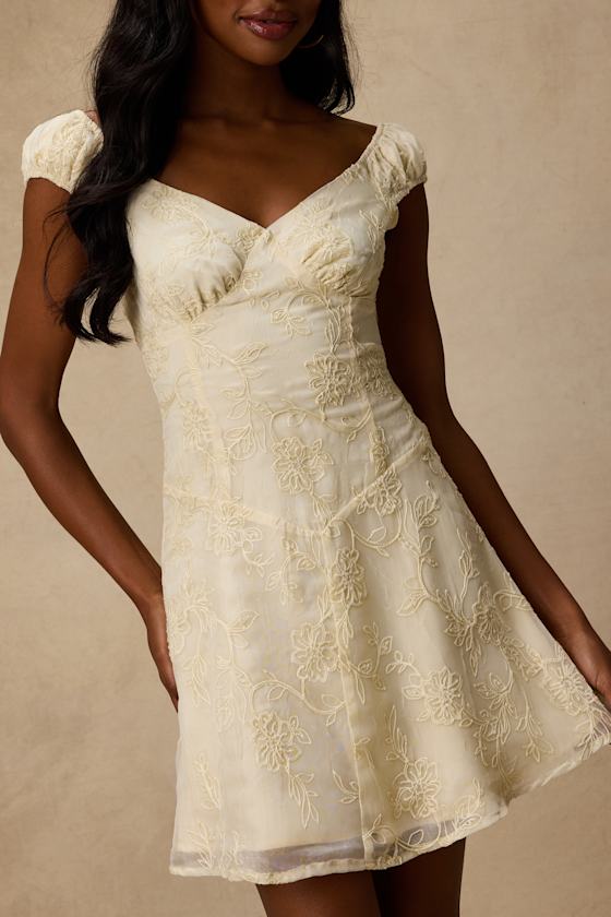 Aura Pale Yellow Embroidered Mini Dress 2