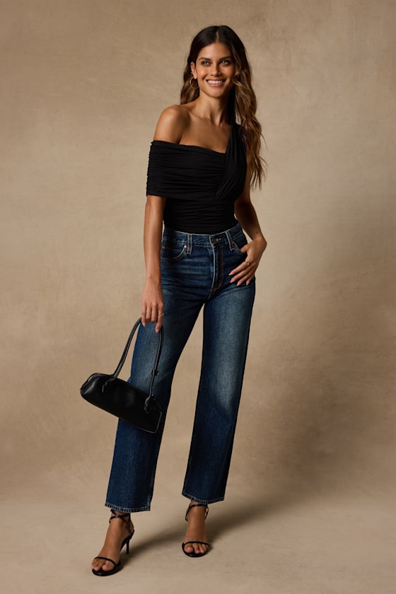Rainey Black Jersey Knit Asymmetrical Bodysuit 3