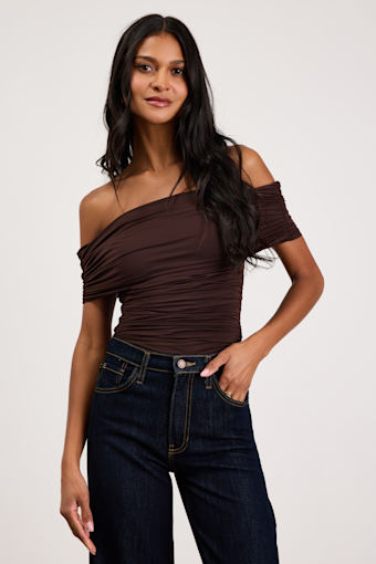 Jarena Dark Brown Ruched Off-the-Shoulder Top 1