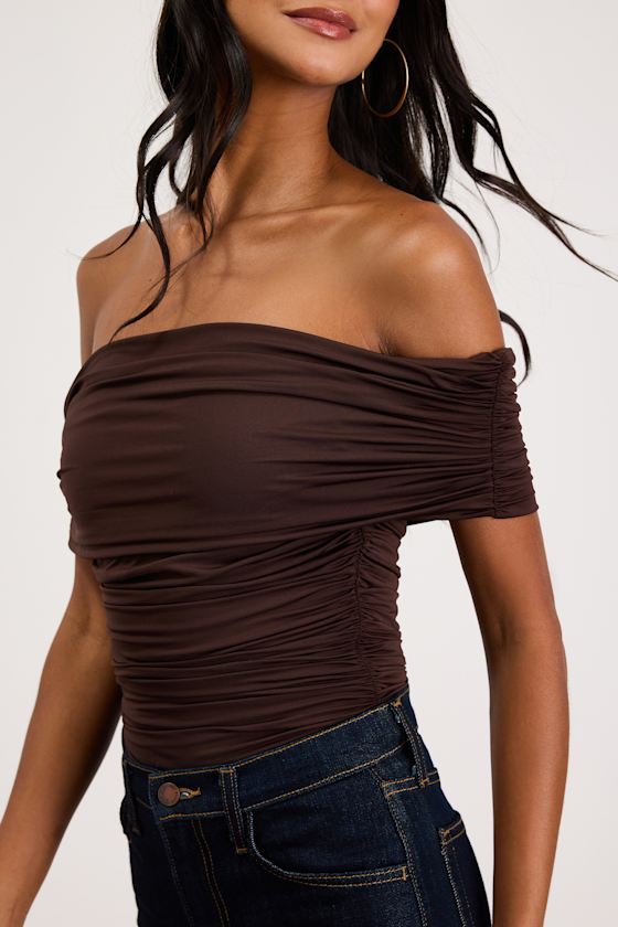 Jarena Dark Brown Ruched Off-the-Shoulder Top 2