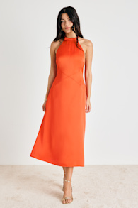 Deva Orange Satin Halter Midi Dress 1
