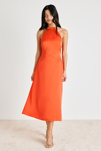 Deva Orange Satin Halter Midi Dress 1