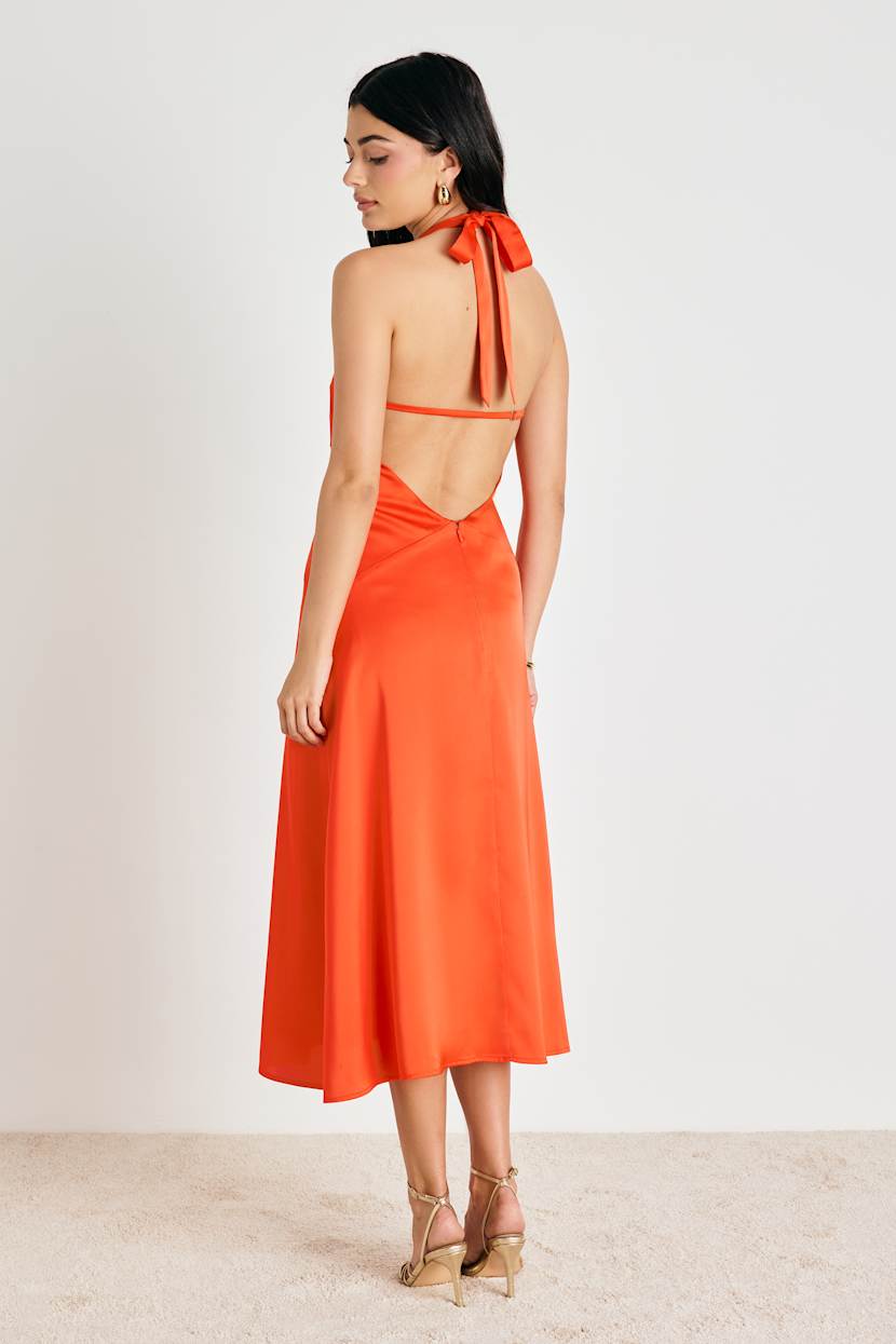 orange satin halter dress Lulus | Midi | Womens | Medium (Available in XS, S, L, XL) burnt orange satin dress