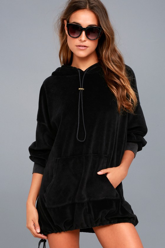 Project Social T Toggle Black Velour Dress Hoodie Dress Lulus