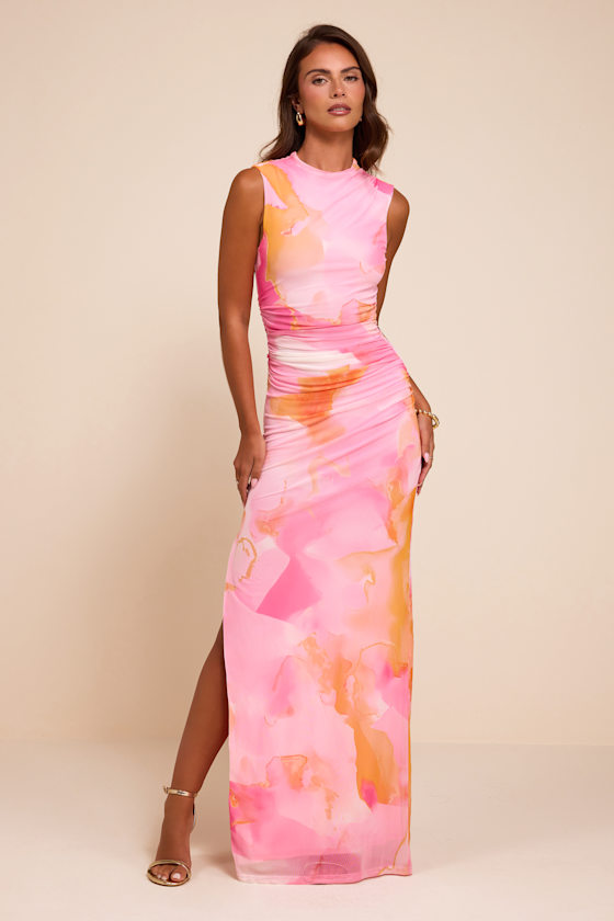 Aldea Light Pink Multi Mesh Mock Neck Maxi Dress 1