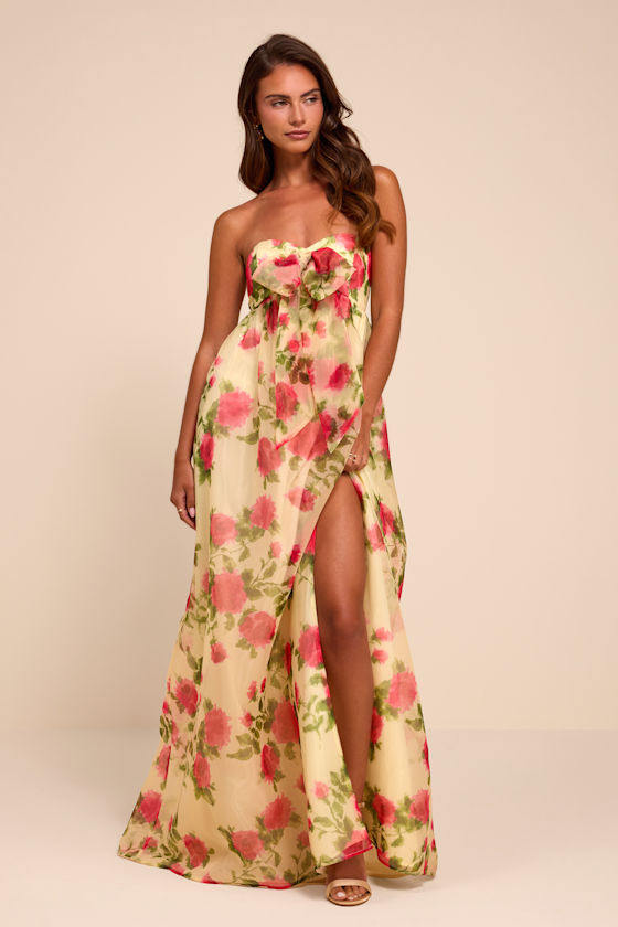 Ember Light Yellow Floral Organza Strapless Maxi Dress 2