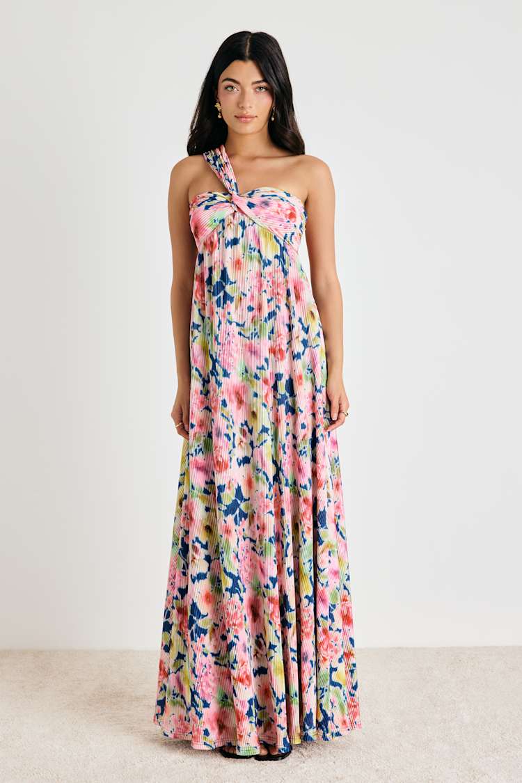 Lulus | Pink Multi Floral Plisse Maxi Dress | Womens | Large (Available in XS, S, M, XL) | 100% Polyester