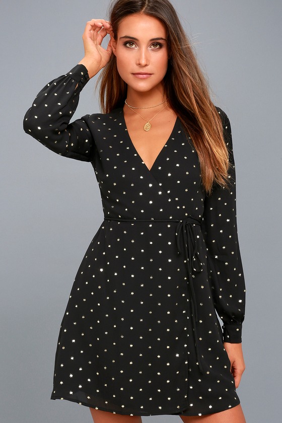 Lovely Gold and Black Dress - Wrap Dress - Polka Dot Dress - Lulus