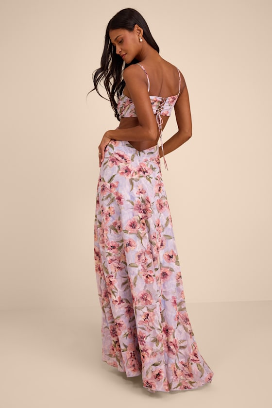 Lavender Floral Maxi Dress - Cutout Maxi Dress - Lace-Up Dress - Lulus