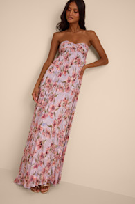 Nola Lavender Floral Pleated Strapless Maxi Dress 1