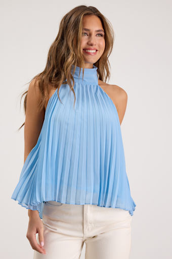Twyla Light Blue Pleated Halter Tank Top 1