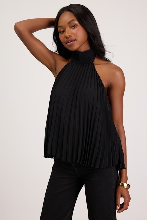 Black Halter Top - Pleated Tank Top - Tank Top - Black Tank Top