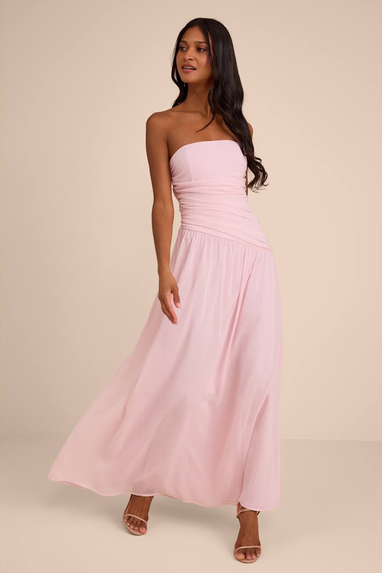 pink drop waist bridesmaid dress V Neck Drop Waist Ruffled Baby Pink Formal Dress