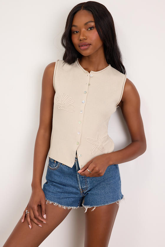 Jayla Beige Embroidered Button-Front Sweater Top 4