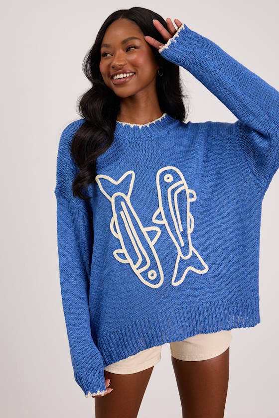 Montauk Blue Embroidered Pullover Sweater 1