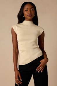 Terry Light Beige Mock Neck Asymmetrical Sweater Top 1