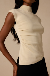 Terry Light Beige Mock Neck Asymmetrical Sweater Top 2