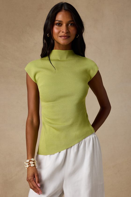 Terry Lime Green Mock Neck Asymmetrical Sweater Top
