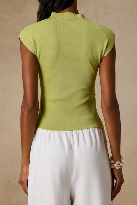 Terry Lime Green Mock Neck Asymmetrical Sweater Top 2