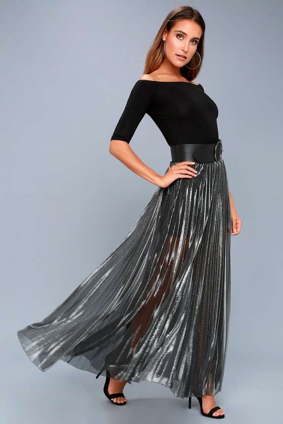 Pleated Maxi Skirt - Gunmetal Skirt - Metallic Maxi Skirt - Lulus