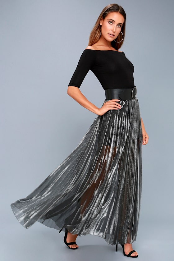 Metallic Maven Gunmetal Pleated Maxi Skirt 1
