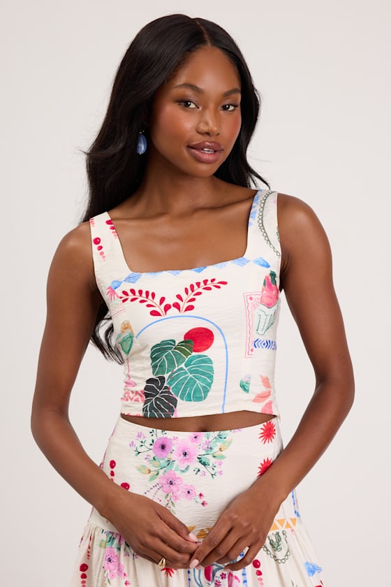 Fabella White Multi Print Textured Tank Top 1