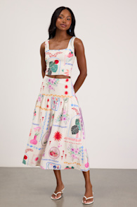 Fabella White Multi Print Textured Midi Skirt 1