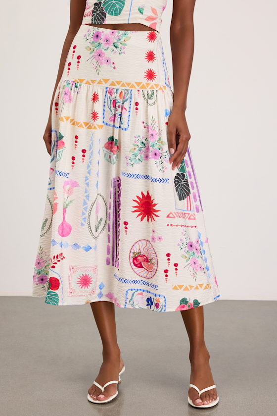 Fabella White Multi Print Textured Midi Skirt 2