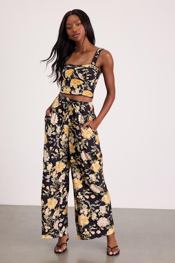 スラックス Paulsmith floral pants Black Floral Pants - Floral Wide-Leg Pants - Drawstring Pants - Lulus