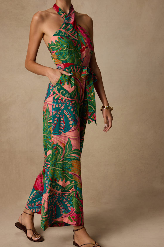 Pink Multi Tropical Jumpsuit - Wide-Leg Jumpsuit - Pink Jumpsuit