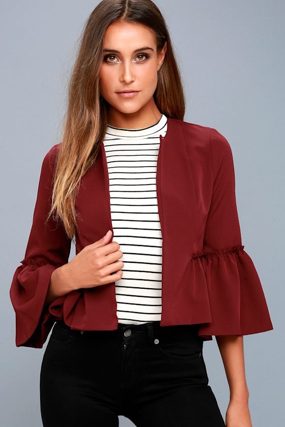 Wine Red Cropped Jacket Open Front Flounce Sleeve Jacket Lulus