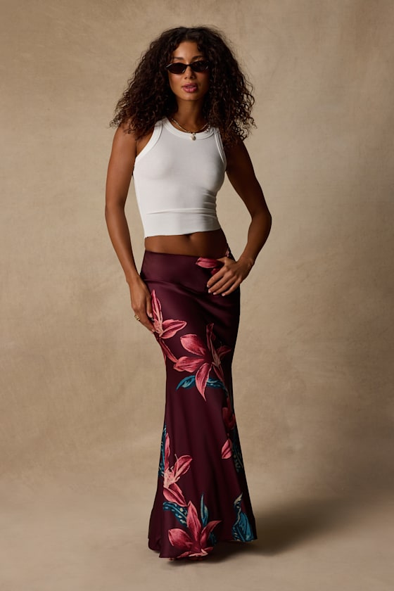 Belita Burgundy Multi Floral Satin Maxi Skirt 1
