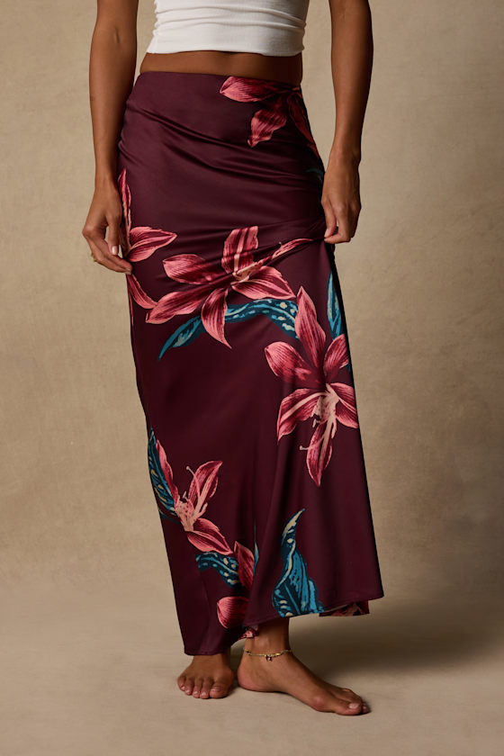 Belita Burgundy Multi Floral Satin Maxi Skirt 2