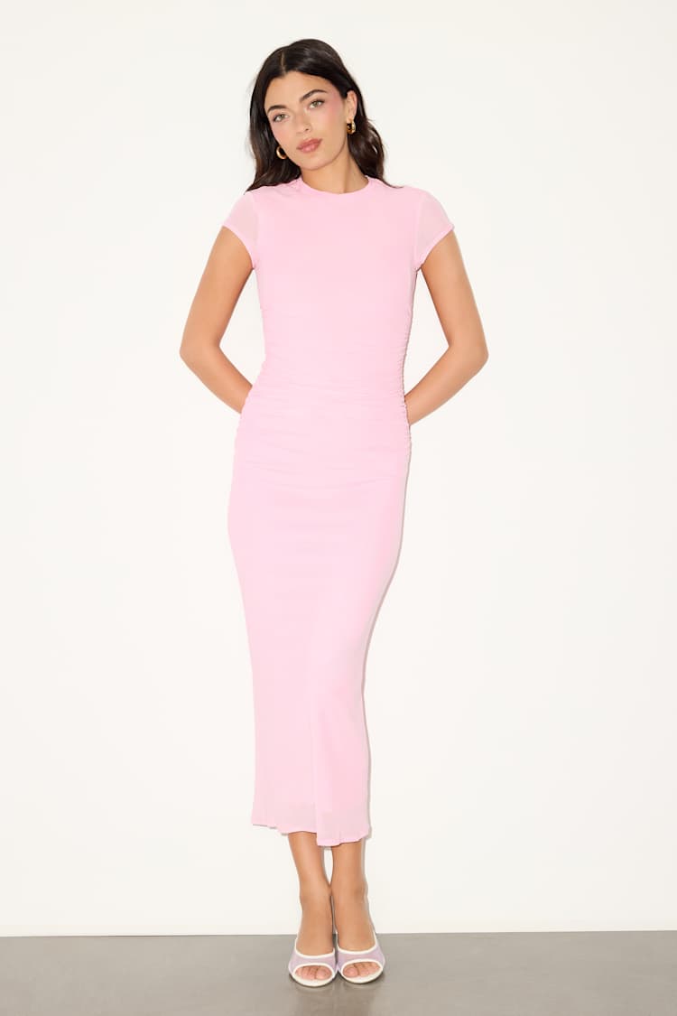 knee length dresses for ladies Mirana Light Pink High-Neck Midi-Dress – Club L London main image 1