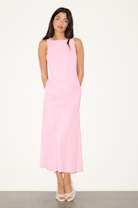 Loren Light Pink Mesh Ruched Midi Dress 1