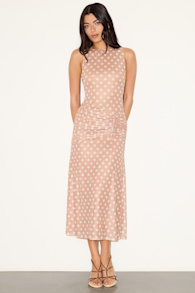 Loren Beige Polka Dot Mesh Ruched Midi Dress 1
