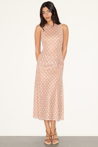Loren Beige Polka Dot Mesh Ruched Midi Dress 1